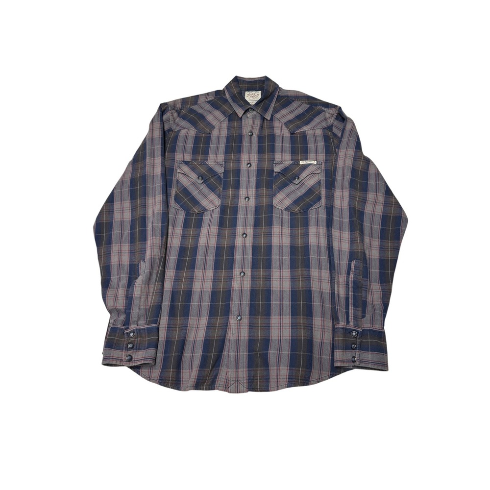 Lucky Brand Mens Western Pearl Snap Plaid Flannel Shirt Blue Grey Medium